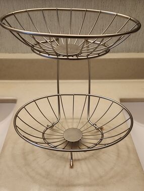 Two-Tier Metal Fruit Basket Stand- Silver-tone